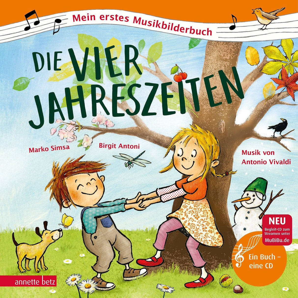 Kinderbuchcover mit zwei lachenden Kindern, Baum, Hund, Schneemann, Vögel, Blätter, Blüten und Früchte.