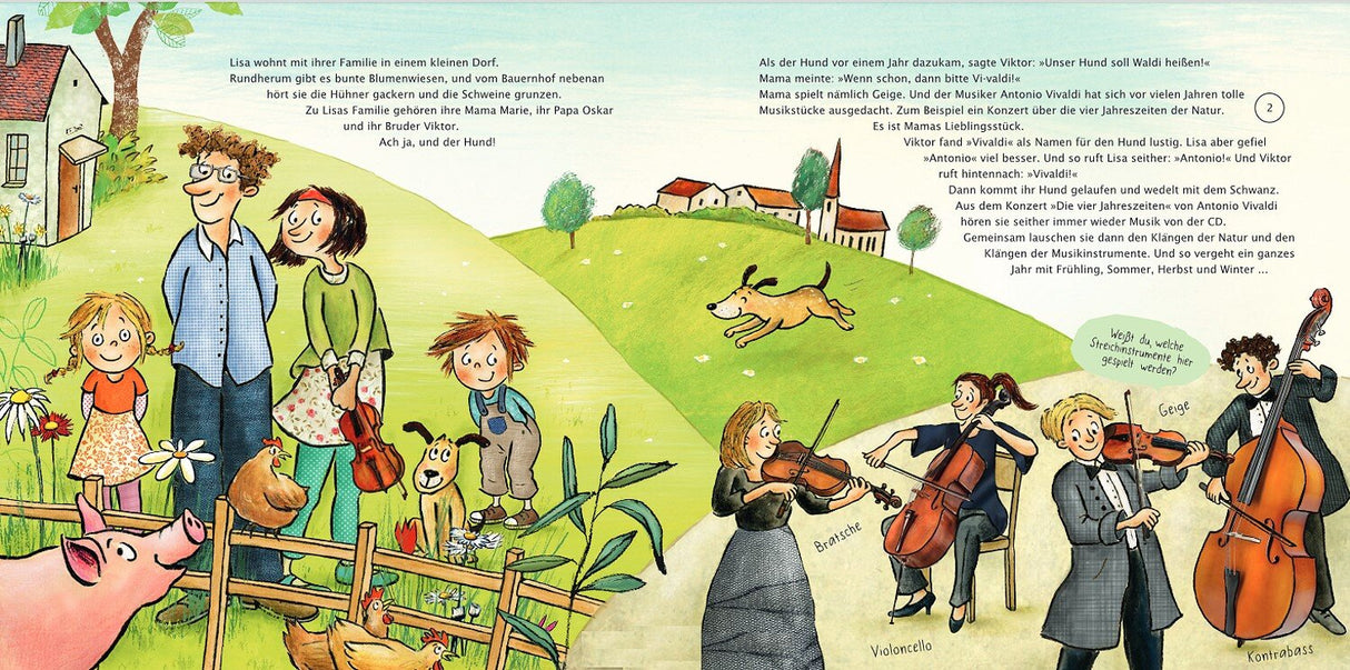 Familie mit Kindern, Hund, Tiere auf dem Bauernhof, Musiker mit Instrumenten, ländliche Umgebung, Häuser und Kirche