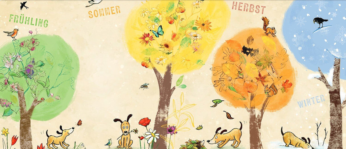 Illustration mit Bäumen, die die Jahreszeiten Frühling, Sommer, Herbst und Winter darstellen, mit Tieren und Pflanzen.