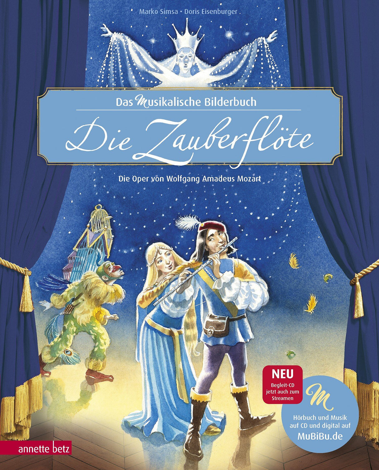 Buchcover mit Illustration von Zauberflöte-Charakteren auf einer Theaterbühne, mit blauen Vorhängen und Sternenhimmel.
