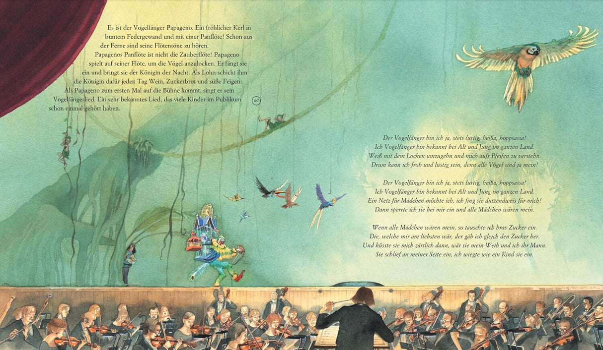 Illustration eines Orchesters mit einem Vogel im Flug, einem Vogel auf der Bühne und einem Vogel auf einer Seilbrücke.