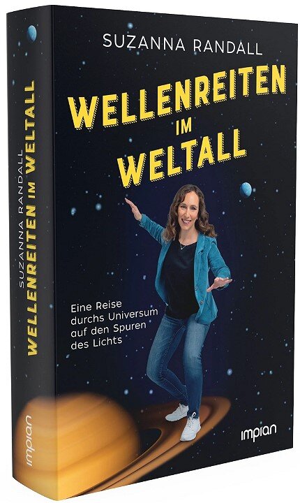 Buchcover mit Titel "Wellenreiten im Weltall", Autorin Suzanna Randall, eine Frau in blauer Jacke und Jeans