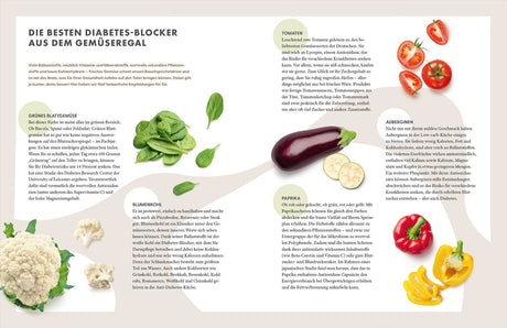 Verschiedene Gemüsesorten, darunter Tomaten, Auberginen, Paprika, Blumenkohl und Brokkoli, mit Textbeschreibungen.