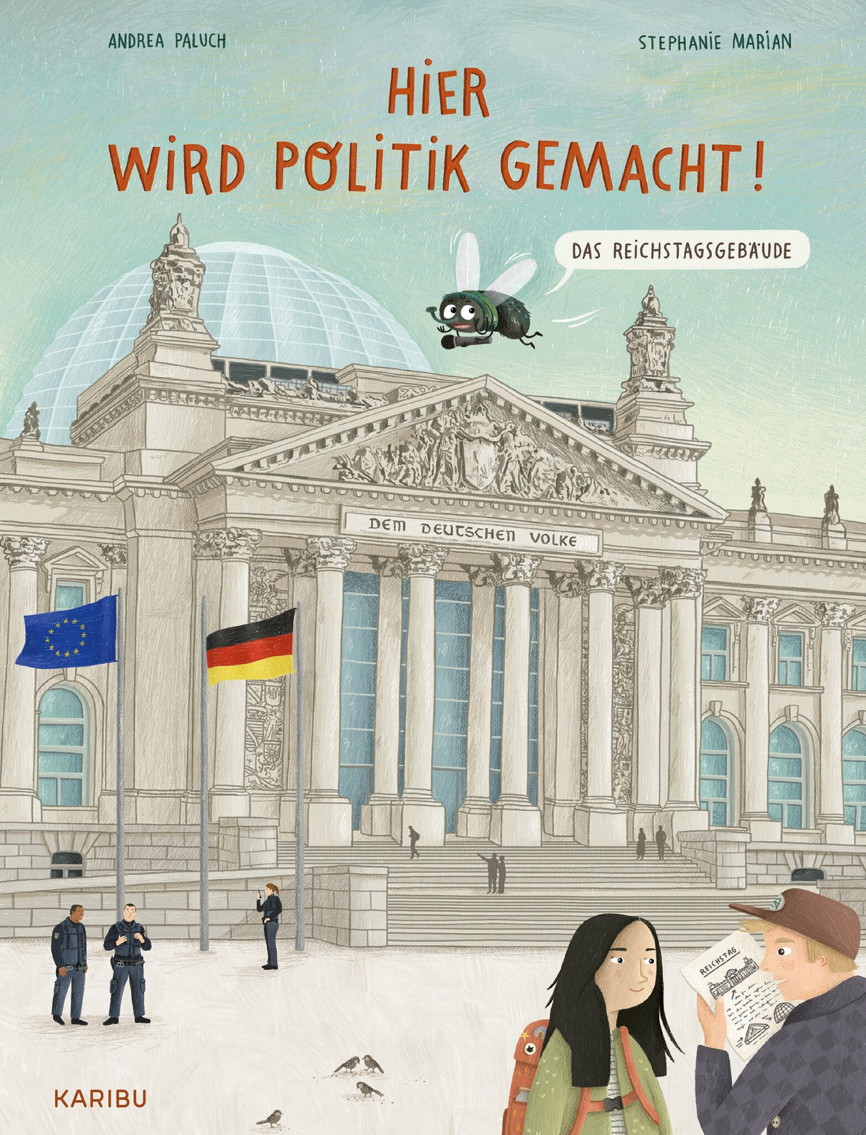 Illustration des Bundestagsgebäudes mit Flaggen, Polizei, zwei Personen im Gespräch, Vögel und eine Fliege mit Sprechblase.
