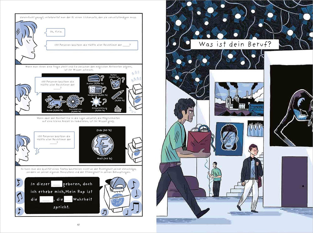 Linke Seite: Comic-Text mit Fragen, Diagrammen und Illustrationen zu Besitzanteilen und Weltanteilen.