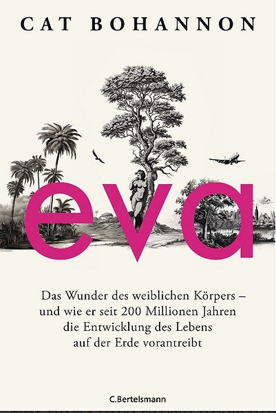 Buchcover mit Baum, Palmen, Vogel, Flugzeug und dem Titel "eva" in pink.