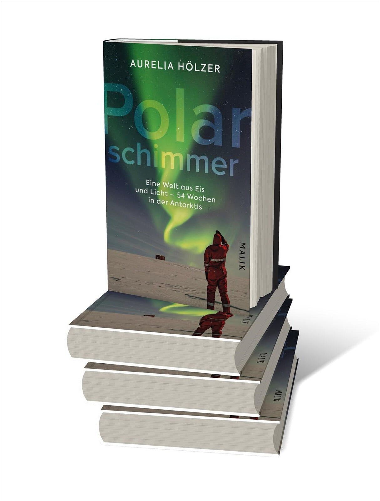 Buchcover mit Aurora borealis, Person in rotem Anzug, Titel "Polarschimmer" und Untertitel über Antarktis-Expedition.