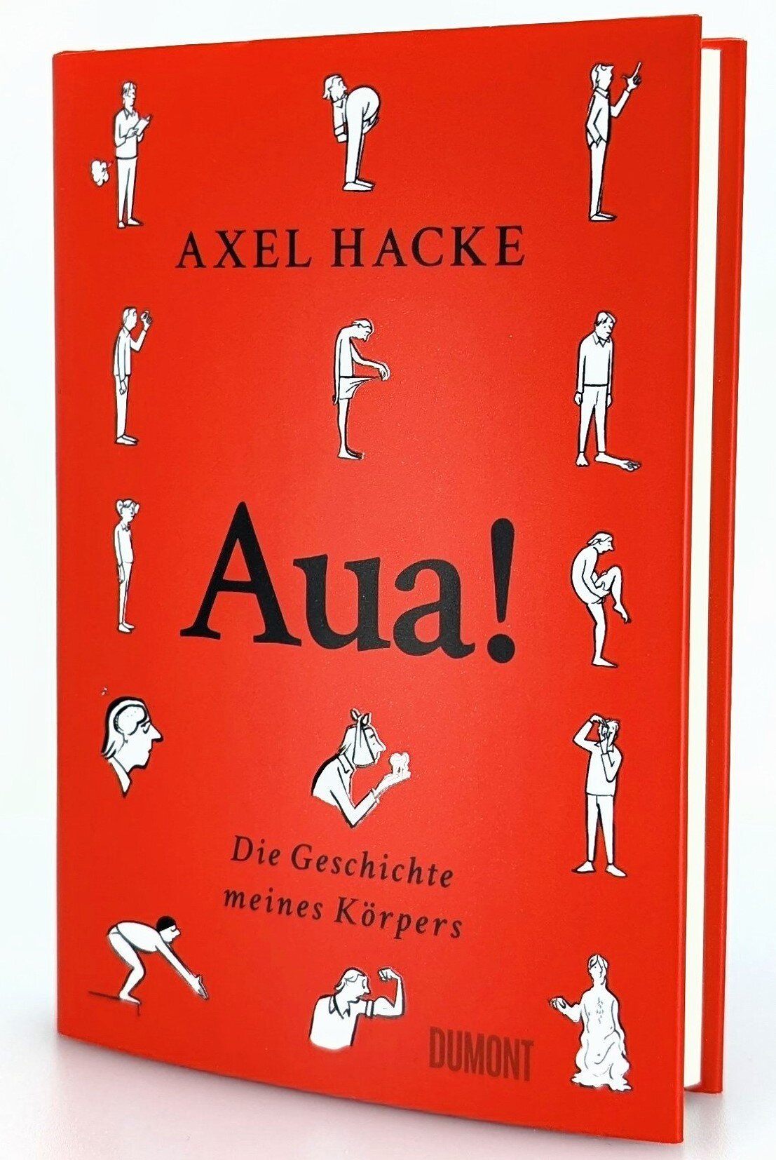 Rotes Buchcover mit schwarzen und weißen Illustrationen von Menschen in verschiedenen Posen, Titel "Aua!"