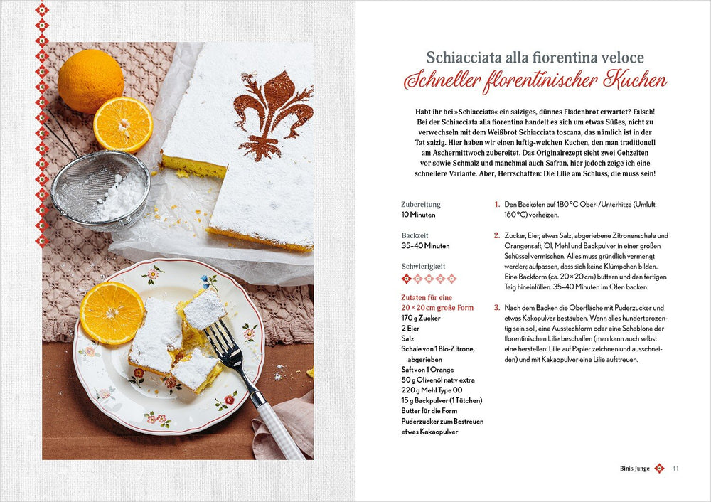 Bodenständiger, mit Puderzucker bestäubter Florentiner-Kuchen mit Orangenscheibe und Zitrone, auf Teller und Küchenutensilien.