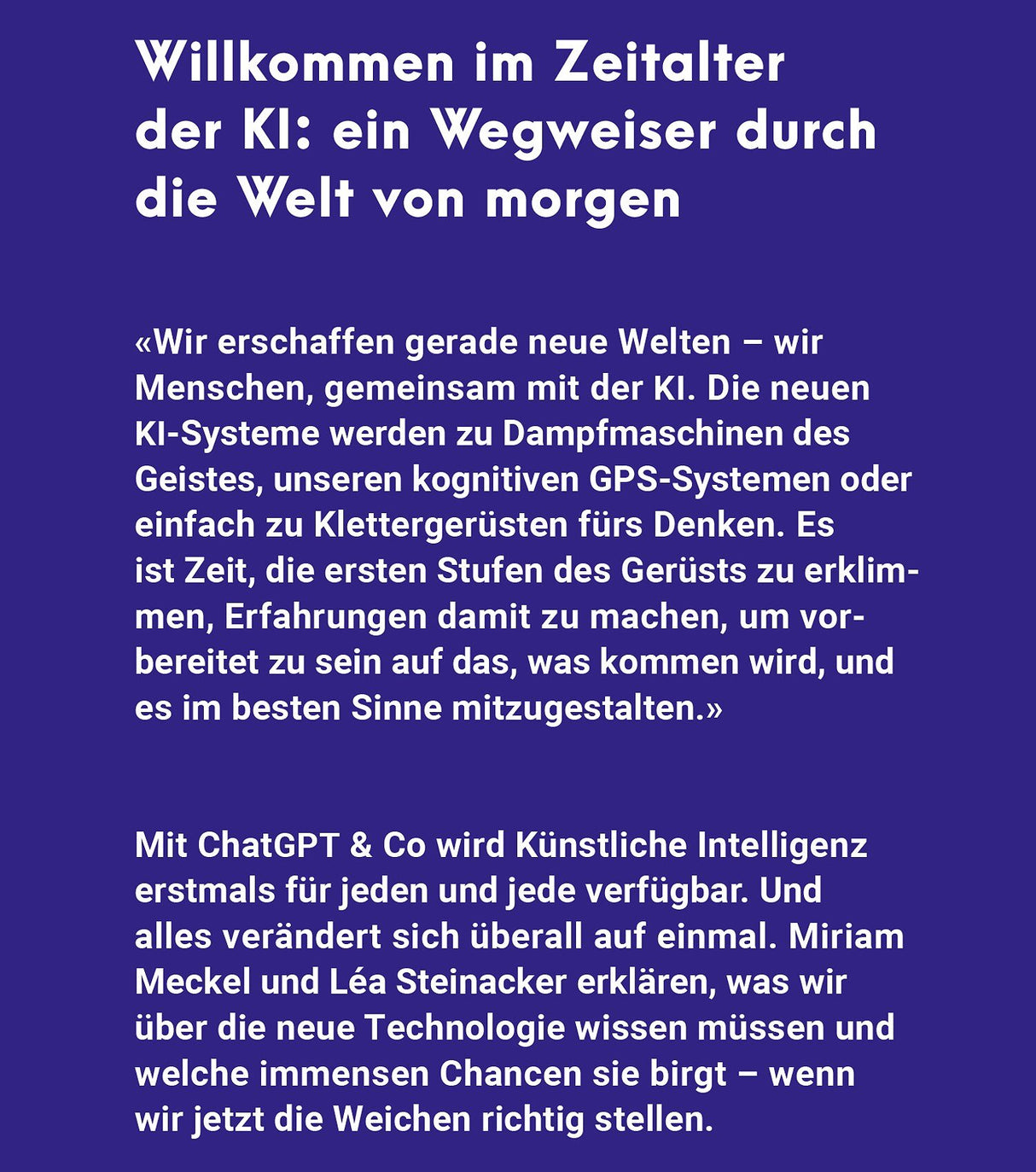 Text auf dunkelblauem Hintergrund über KI, neue Welten, ChatGPT, künstliche Intelligenz, technologische Chancen.