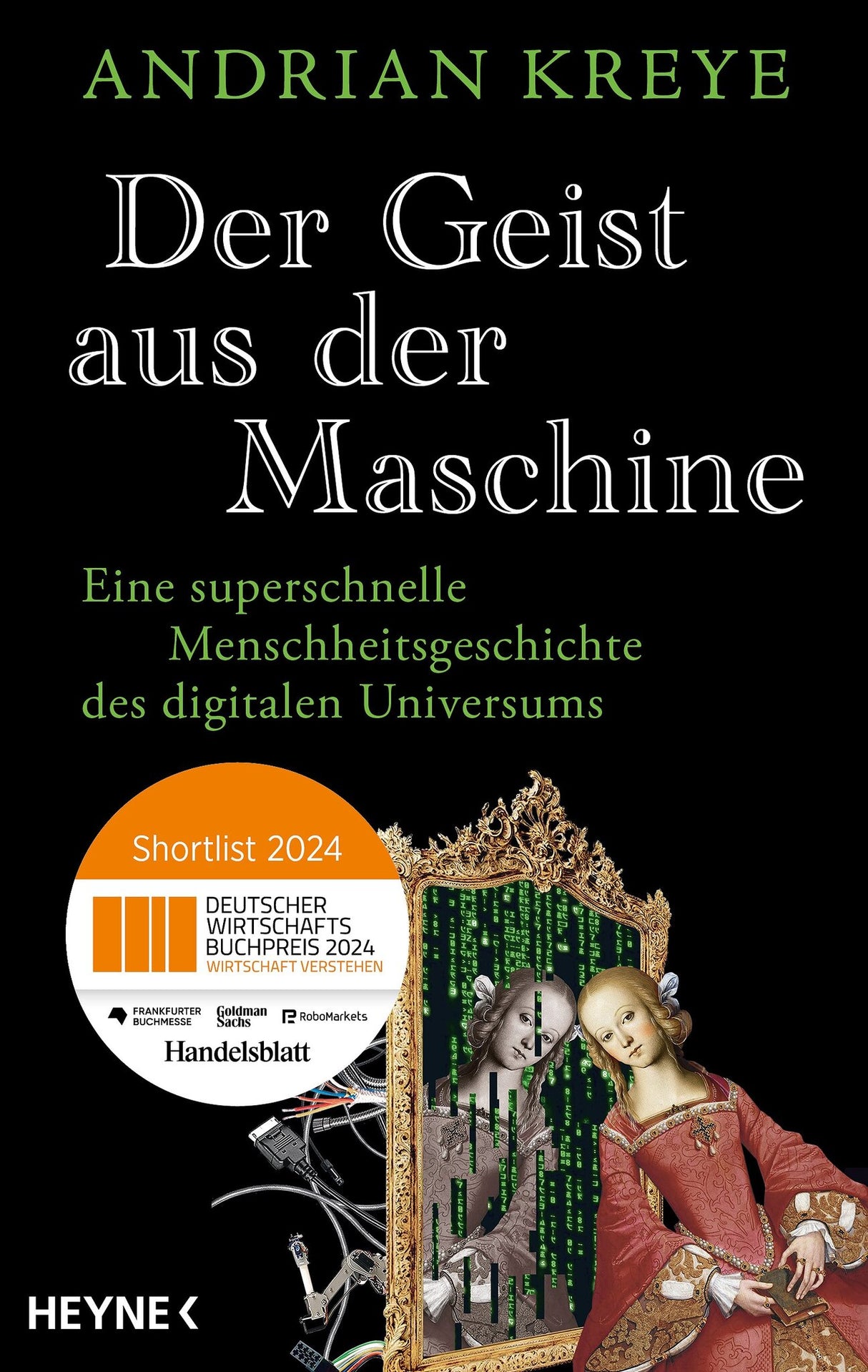 Buchcover mit Titel, Autor, digitaler Spiegel, zwei historische Figuren, Rahmen, technische Komponenten und Auszeichnung.