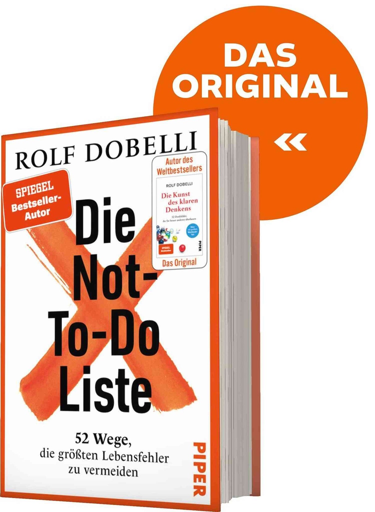 Buchcover des Titels "Die Not-To-Do-Liste" von Rolf Dobelli, mit orangefarbenem X und Text.
