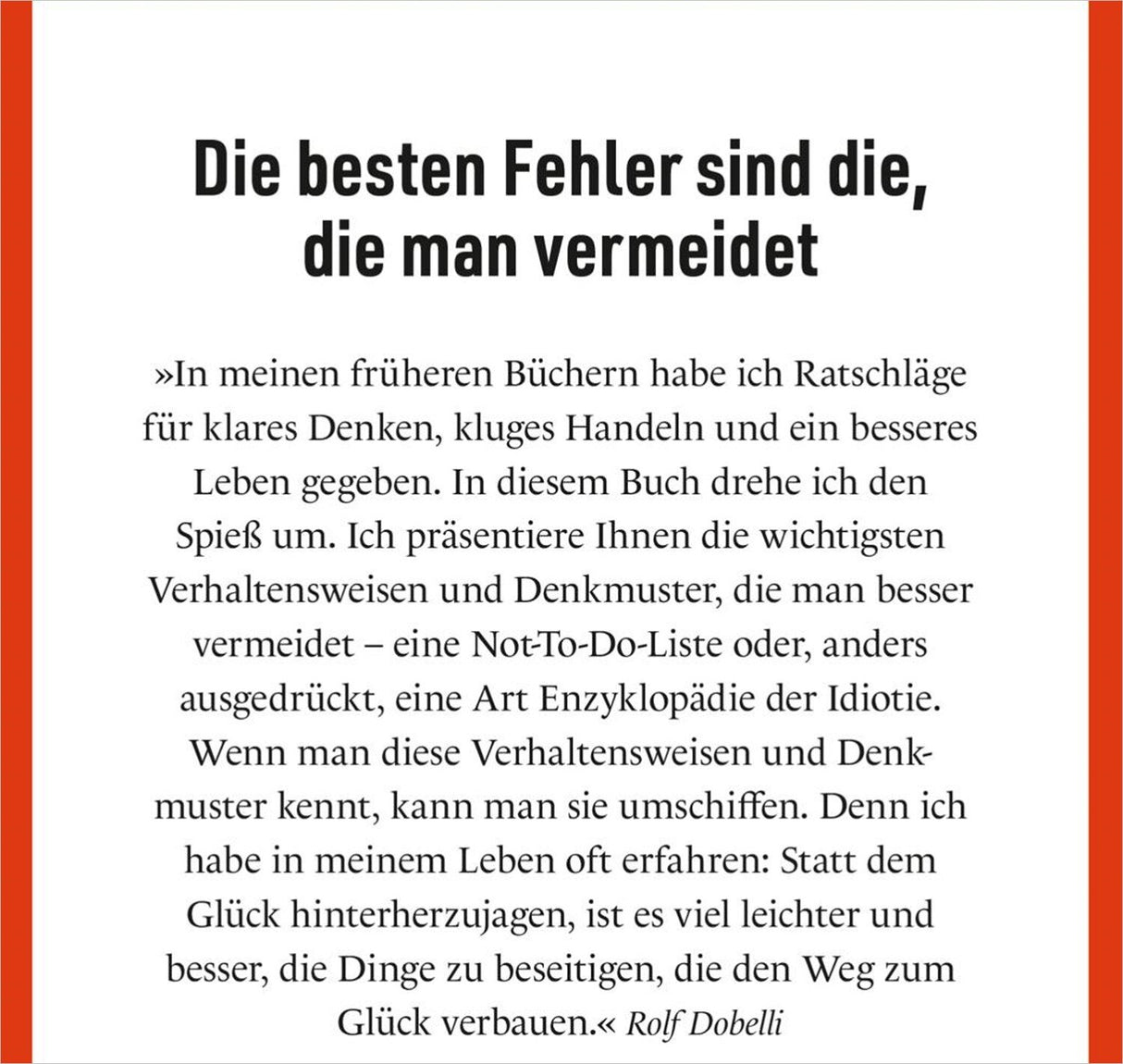 Zitat von Rolf Dobelli über Fehlervermeidung und Lebensweisheiten, Text in deutscher Sprache.