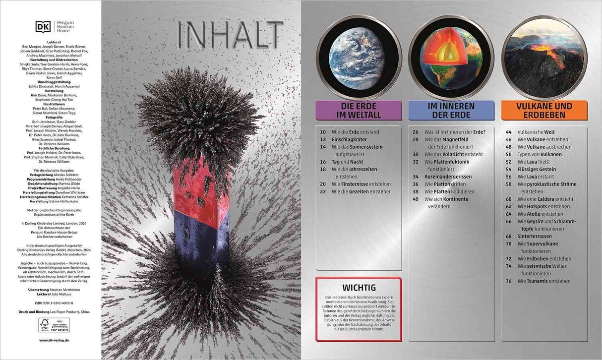 Doppelbild mit Erde, Vulkan und Lava, sowie Inhaltsverzeichnis zu Erdthemen in drei Spalten.