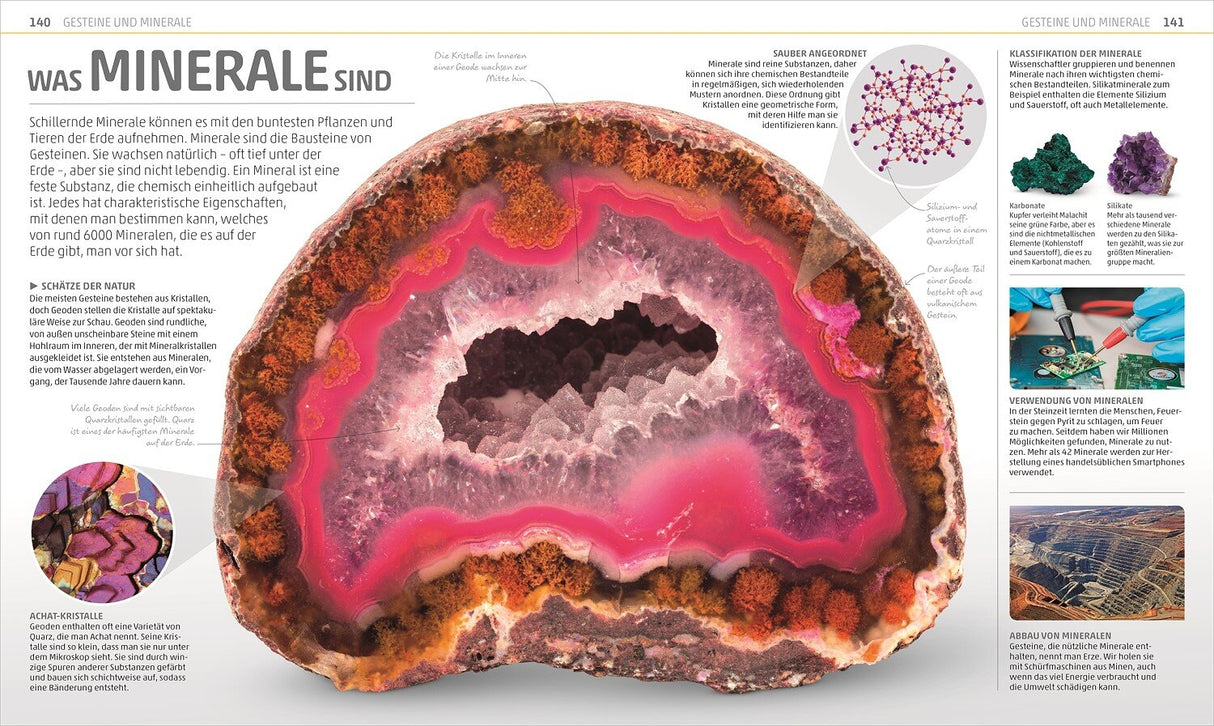 Querschnitt einer Geode mit pinken, weißen und grauen Kristallen, umgeben von braunen und orangefarbenen Mineralien.