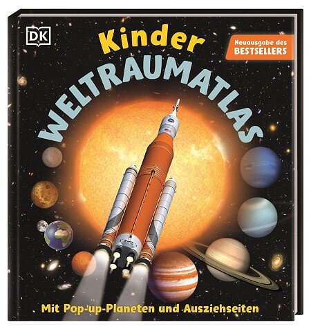 Buchcover mit Rakete vor Sonne, Planeten und Sternen, Titel "Kinder Welttraumtas" und orangeem Label "Neuausgabe des Bestsellers".