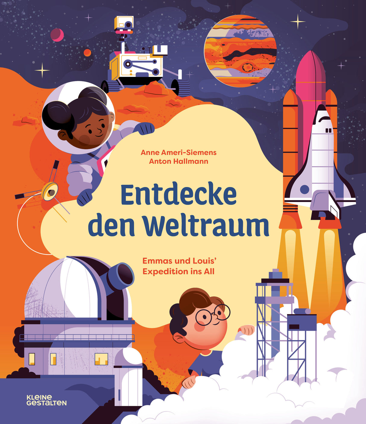 Kinder im Weltraum mit Rakete, Teleskop, Astronauten, Planet und Raumstation.