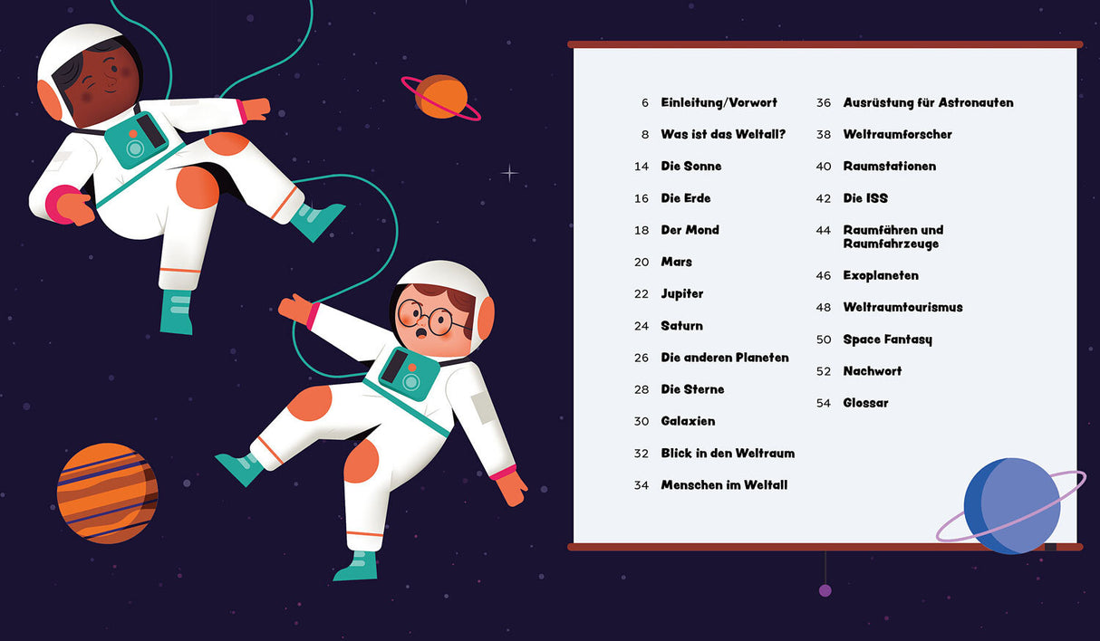 Zwei Kinder in Astronautenanzügen schweben im Weltall mit Planeten und Sternen, neben einer Tabelle mit Inhaltsübersicht.