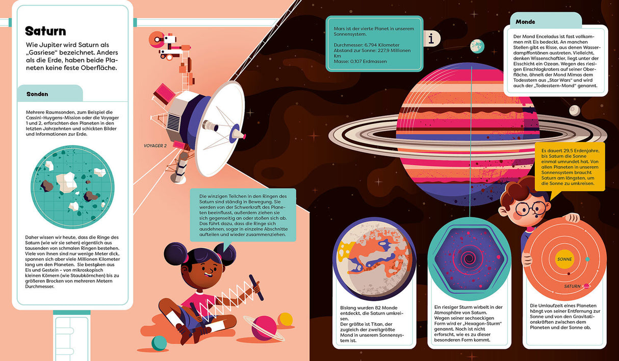 Ein Kind mit Brille hält eine orangefarbene Scheibe mit Sonnenbild, daneben ein kleiner Planet.