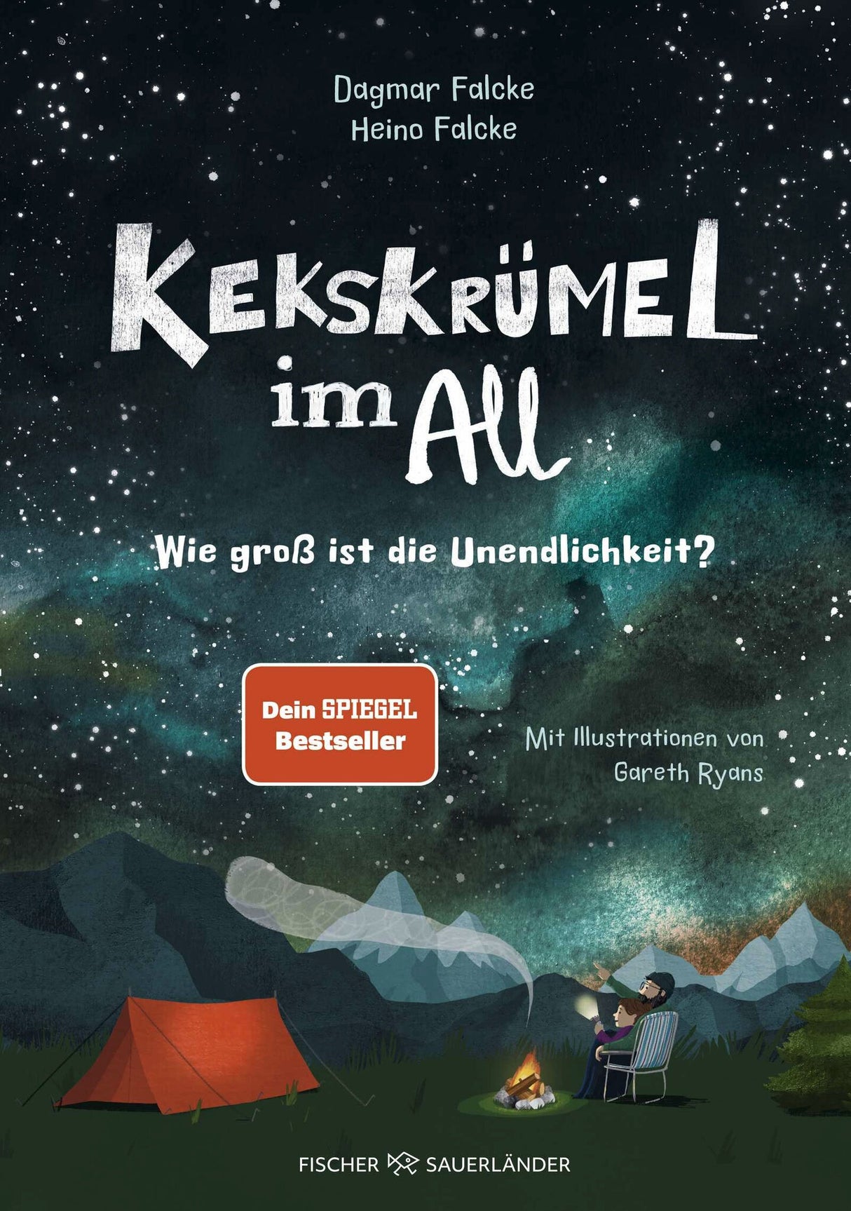 Buchcover mit Sternenhimmel, Berglandschaft, Zelt, Lagerfeuer und zwei Personen mit Taschenlampe.
