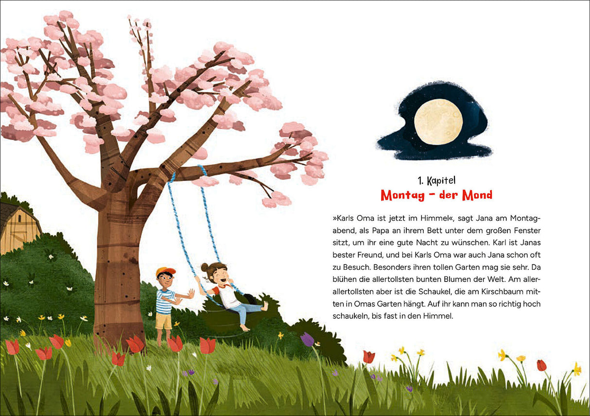 Ein Baum mit pinken Blüten, ein Mädchen auf einer Schaukel, ein Junge neben dem Baum, grünes Gras mit bunten Blumen, Himmel