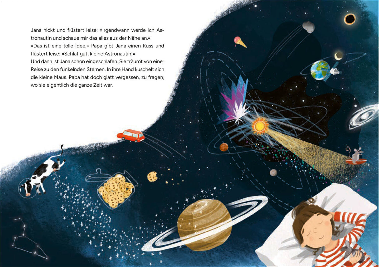 Ein Mädchen schläft im Bett, umgeben von einer fantasievollen Weltraum-Illustration mit Planeten, Sternen und Raumfahrtmotiven.