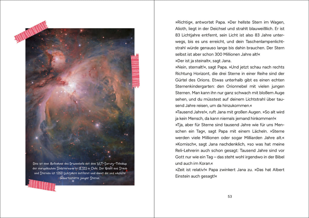 Bild zeigt eine Aufnahme des Orionnebels mit farbigen Staub- und Gaswolken, beschriftet mit Informationen zur Teleskopbeobachtung.