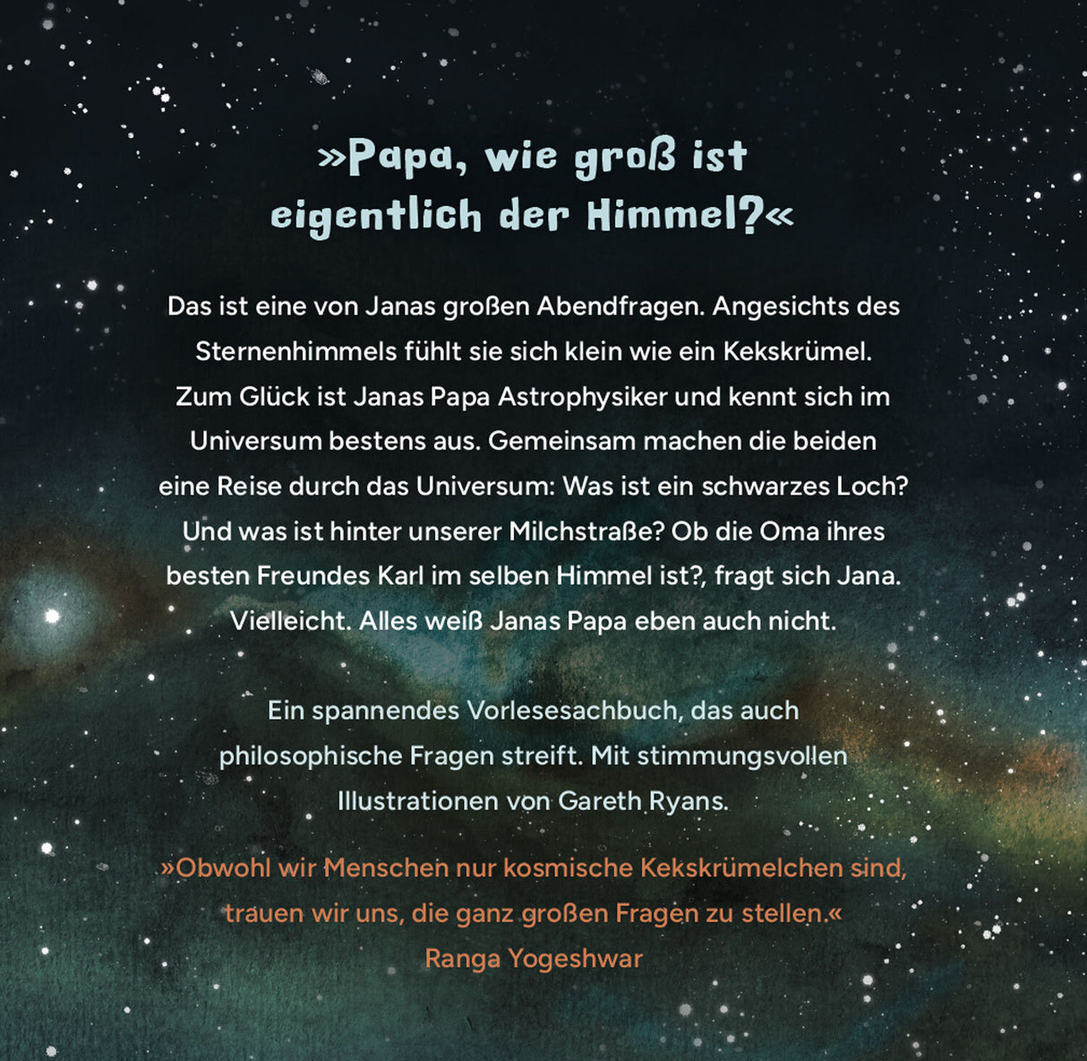 Text über das Universum, Sterne und philosophische Fragen vor einem Hintergrund mit Sternen und Galaxien.