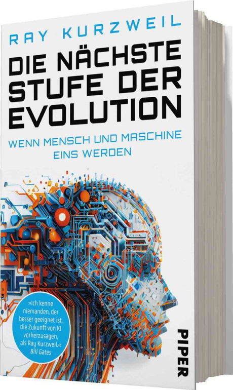 Buchcover mit Titel "Die nächste Stufe der Evolution" und einem digitalen, robotischen Kopf aus blauen, orangefarbenen und weißen