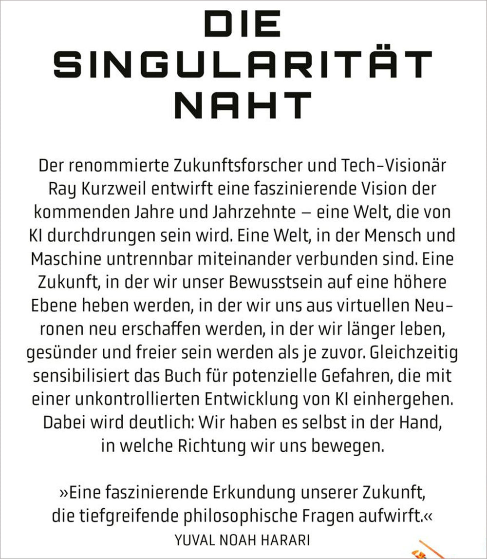 Titel: "DIE SINGULARITÄT NAHT" mit Text über Zukunftsforscher Ray Kurzweil und KI-Entwicklung.