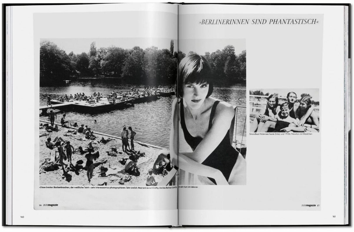 Zwei offene Buchseiten mit Schwarz-Weiß-Fotos: Ein Strand mit Menschen und eine Frau in einem schwarzen Badeanzug.