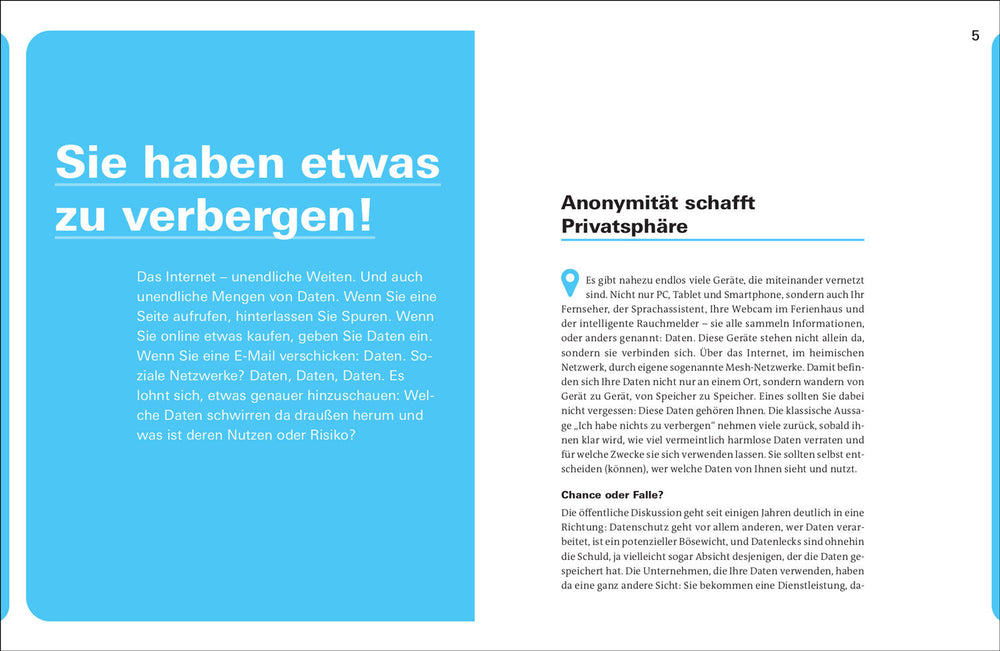 Doppelseite mit blauer Überschrift auf der linken Seite und Text auf der rechten Seite, Thema Datenschutz und Privatsphäre.