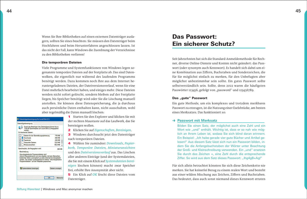 Zwei Seiten eines Buchs oder Dokuments, Titel: "Das Passwort: Ein sicherer Schutz?", Text mit Überschriften und einem Screenshot.