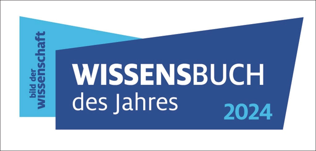 Grafik mit blauen und weißen Texten, "WISSENSBUCH des Jahres 2024" und "Bild der Wissenschaft" auf blauem Hintergrund.