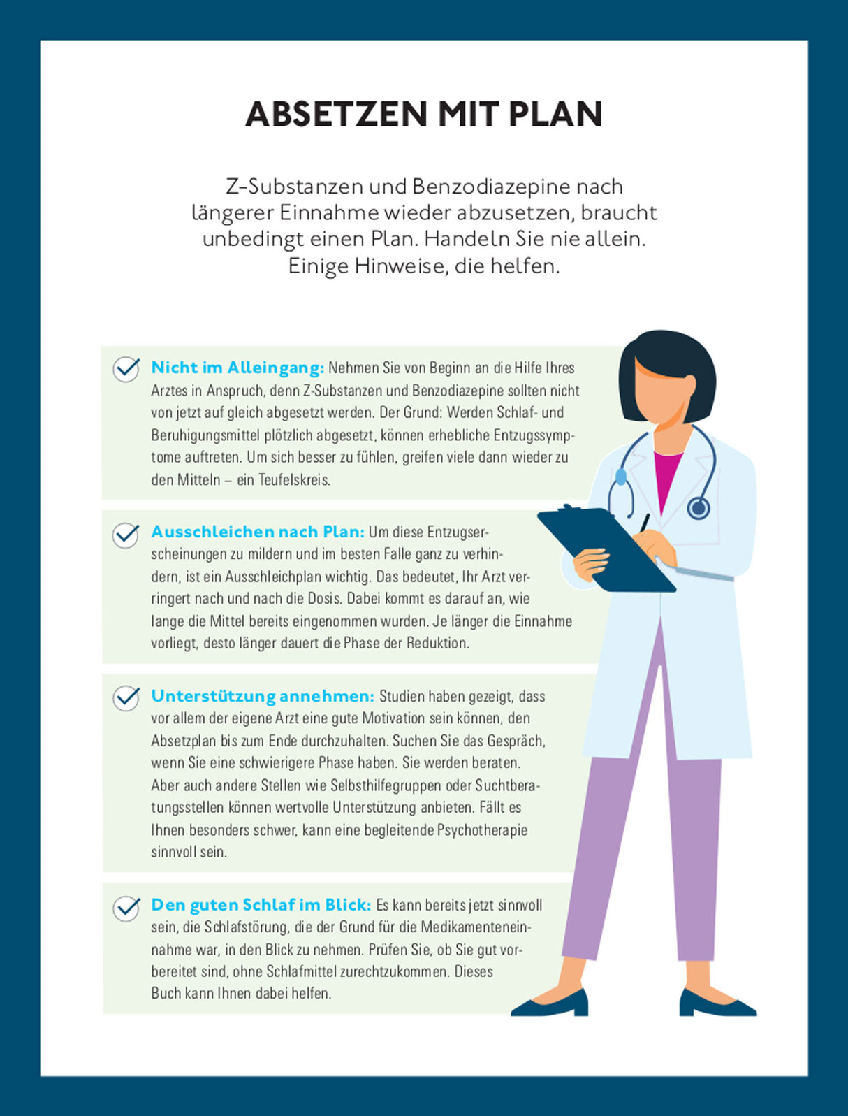 Infografik mit Tipps zum Absetzen von Z-Substanzen und Benzodiazepinen, inklusive Arztberatung, Plan, Unterstützung und Schlaf.