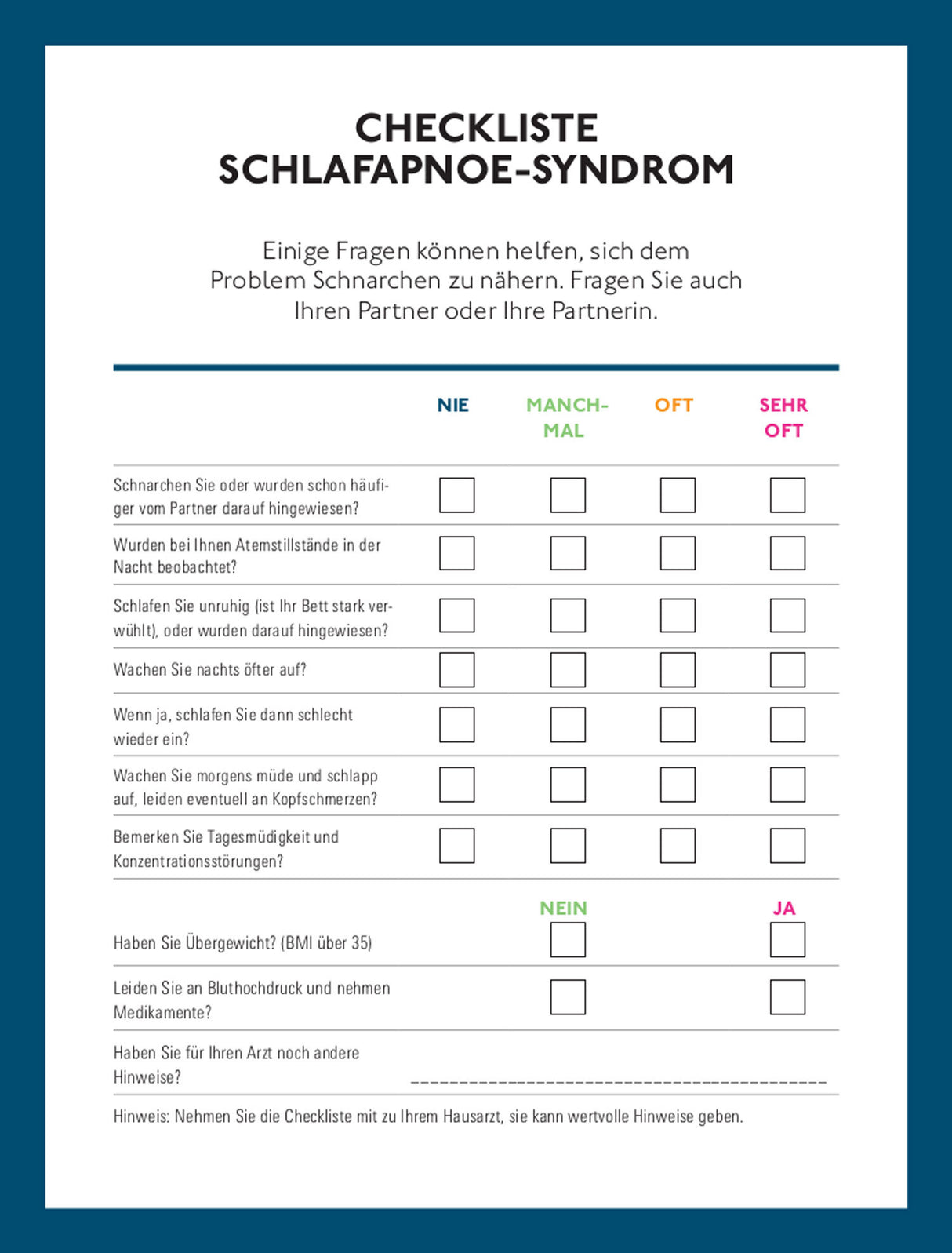 Checkliste zum Schlafapnoe-Syndrom mit Fragen zu Schnarchen, Atemaussetzern, Schlafqualität und Übergewicht.