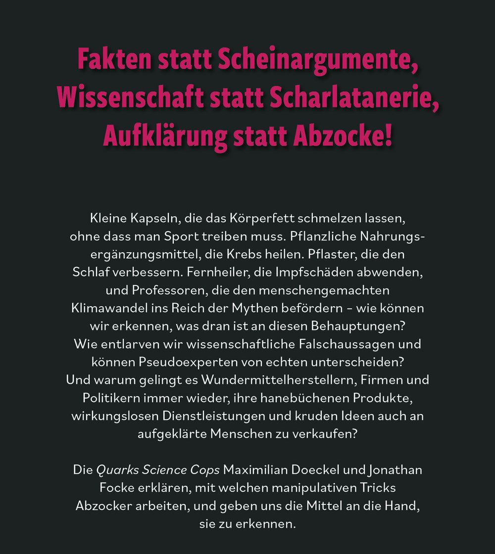 Text in pink: "Fakten statt Scheinarugmente, Wissenschaft statt Scharlatanerie, Aufklärung statt Abzocke!"