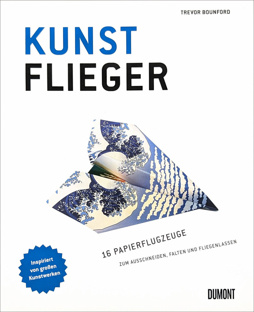 Buchcover mit Titel "Kunst Flieger", Bild eines gefalteten Papierfliegers mit Kunstwerken inspiriert.