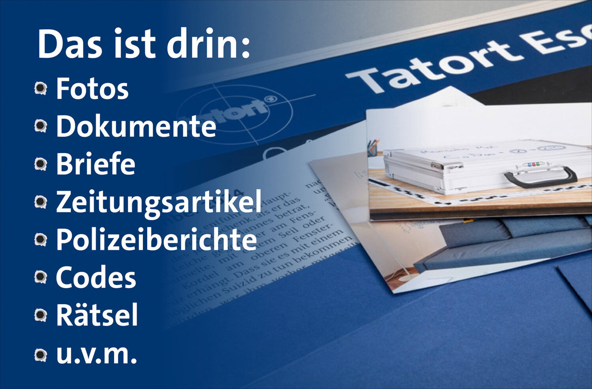 Liste mit Gegenständen, die im Tatort-Einsatz verwendet werden: Fotos, Dokumente, Briefe, Zeitungsartikel, Polizeiberichte, Codes,