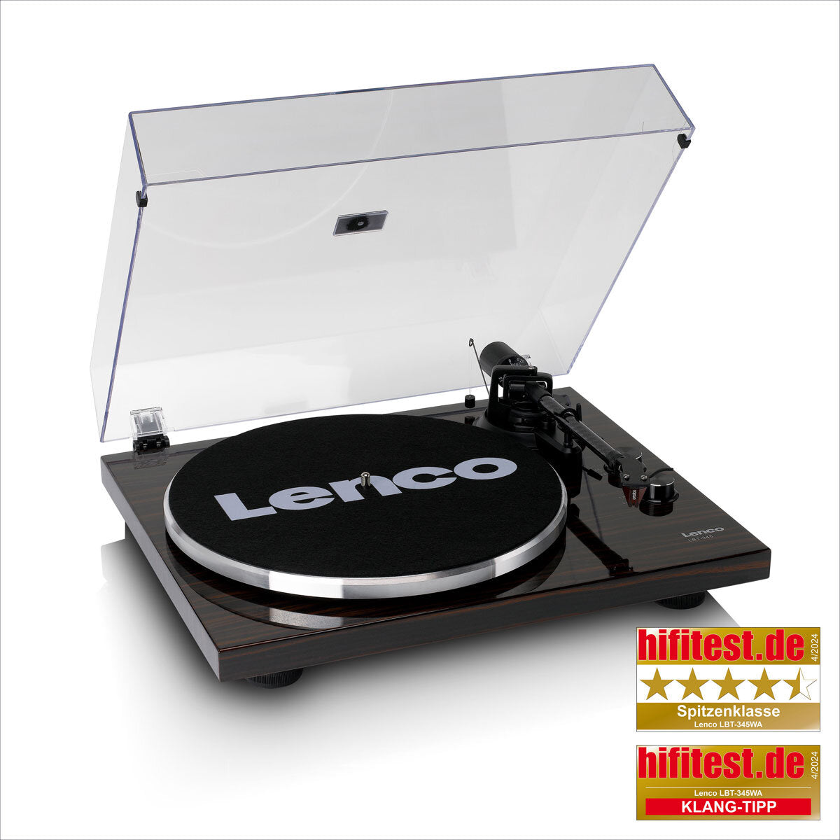 Plattenspieler mit transparentem Staubschutz, schwarzem Plattenteller mit "Lenco"-Aufdruck, und zwei Auszeichnungen von hitfest.de