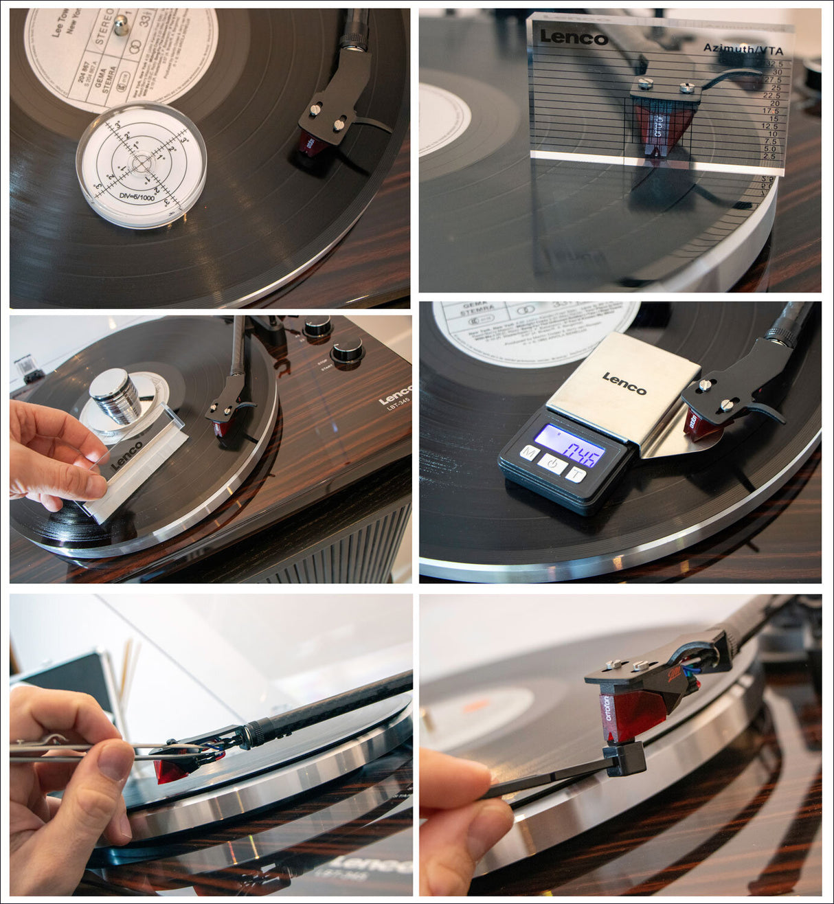 Auf einem Plattenspieler werden Tonabnehmer, Tonarm, Gewicht und Messung für die Justierung vorbereitet.