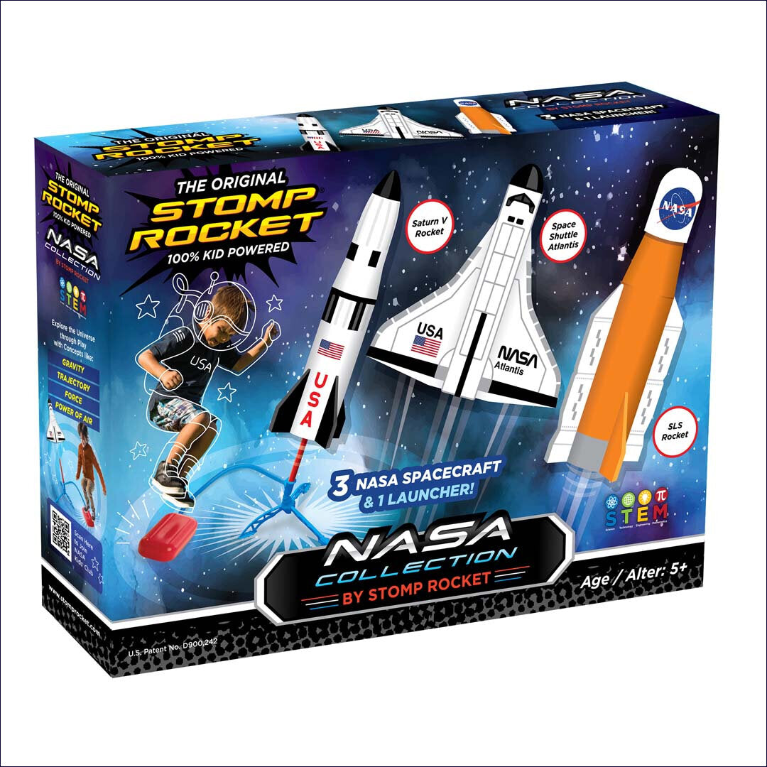 Spielzeug-Set mit drei NASA-Raketen und einem Launcher, für Kinder ab 5 Jahren.