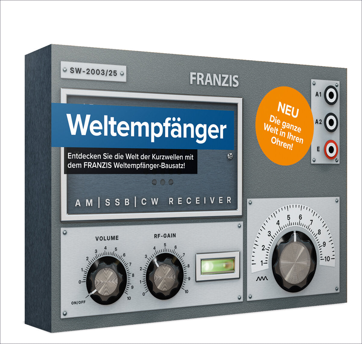 Gerät mit Knöpfen, Anzeigen und Lautsprechern, Beschriftung "Weltempfänger" und "FRANZIS".