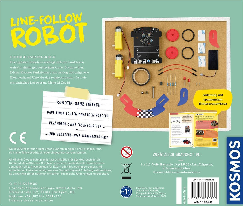 Bauanleitung für einen analogen Line-Follow-Roboter mit Komponenten und Hintergrundwissen.