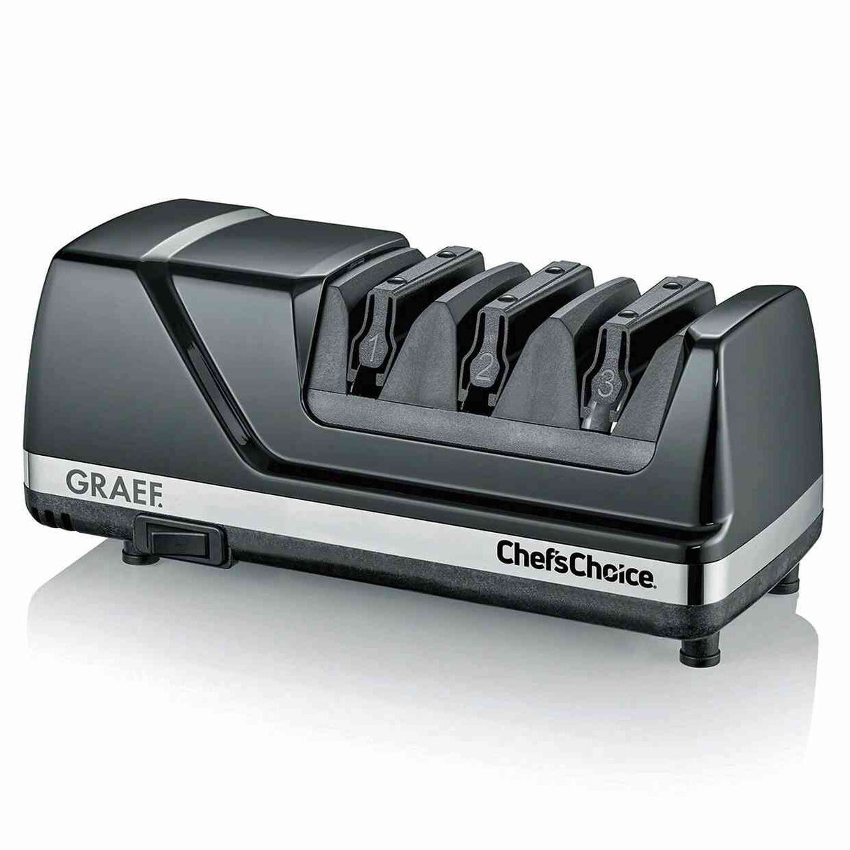 Elektrischer Brotmesser- und Wurstaufschnitt mit vier Einstellknöpfen, schwarzes Gehäuse, Marken: Graef und Chef'sChoice.