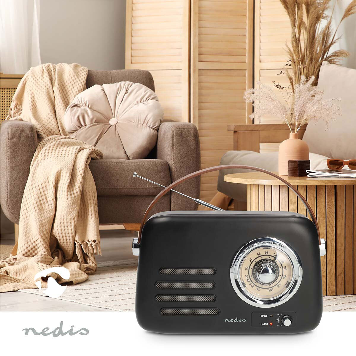 Nedis Retro FM Radio. Tragbares UKW-/ Bluetooth-Radio