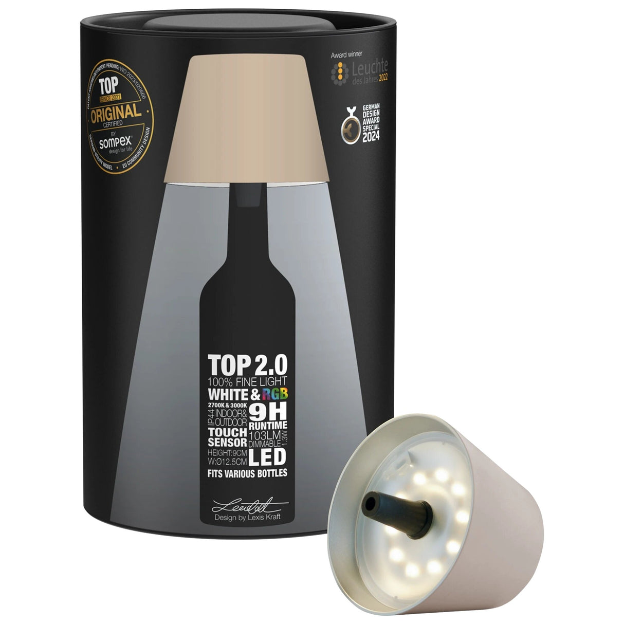 Sompex TOP 2.0. Akku-Flaschenleuchte. Farbe Sand