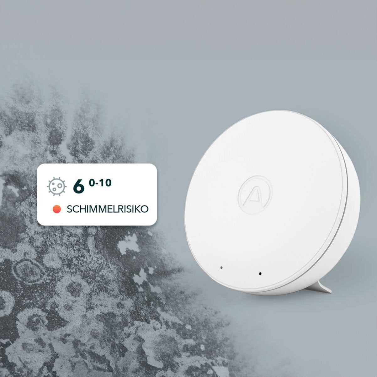 Smarter Luftqualitätsmesser zeigt 6/10, geringes Schimmelrisiko, vor frostigem Hintergrund.