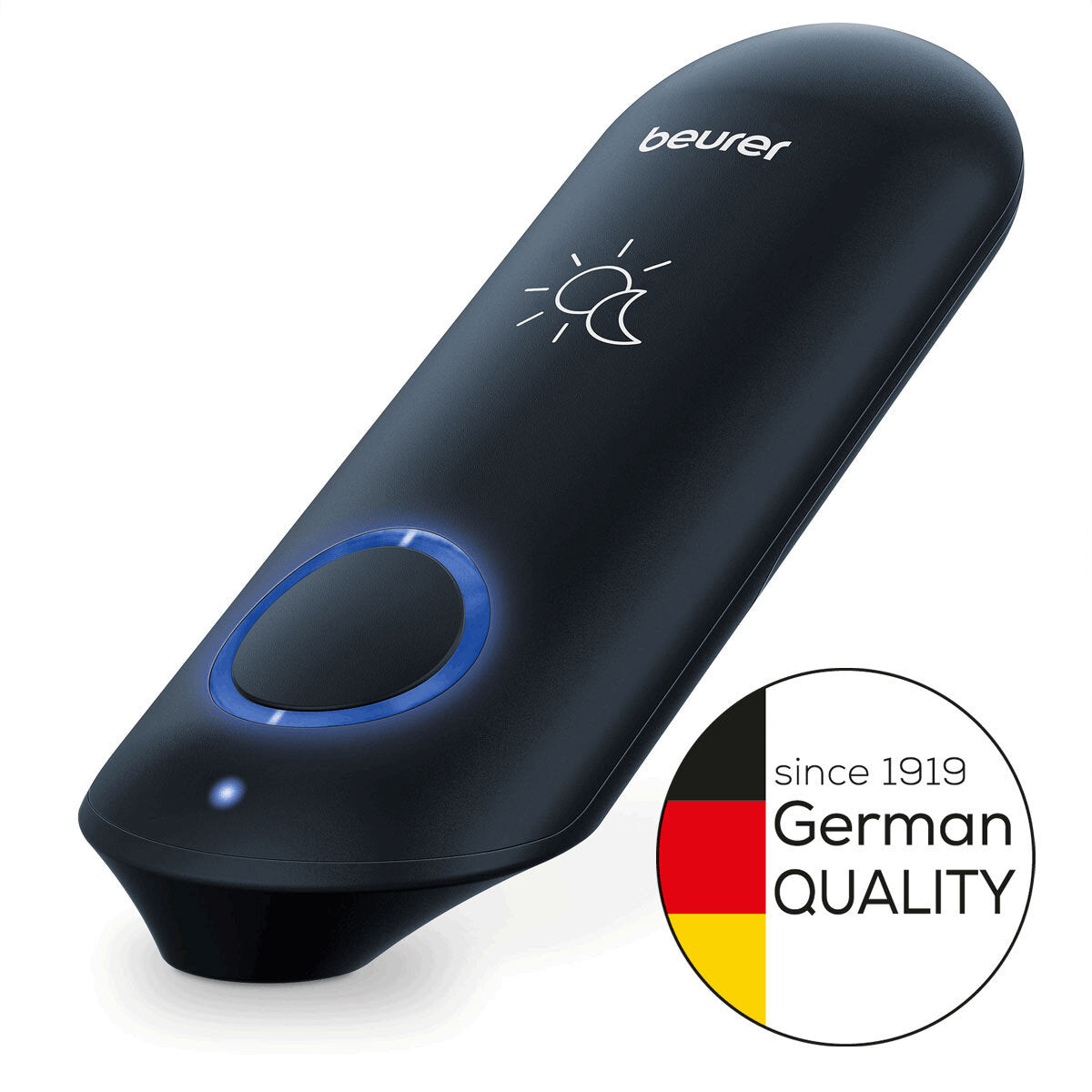 Digitaler Beurer-Taschenthermometer mit blauer LED-Leuchte und deutschem Qualitätslogo.