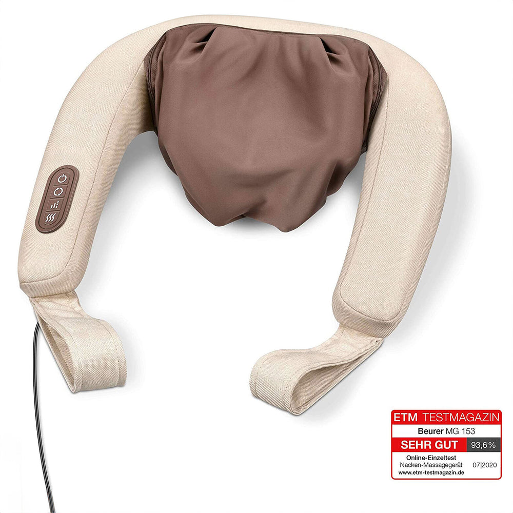 Nackenmassagegerät in beige mit Steuerung, braunes Kopfkissen, Testnote 93,6%.